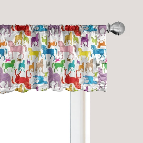 Ambesonne Horses Window Valance, Colorful Abstract Horse Silhouette Stallion Pattern Hand Drawn Wildlife Illustration, Curtain Valance for Kitchen Bedroom Decor with Rod Pocket, 54" X 18", Multicolor