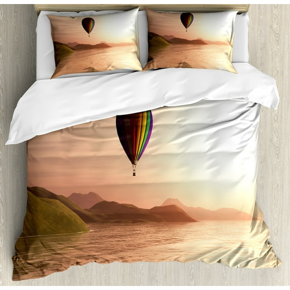 Ambesonne Hot Air Balloon Duvet Cover Sets, Sunset Landscape, 2-Queen, Pale Peach Dark Peach