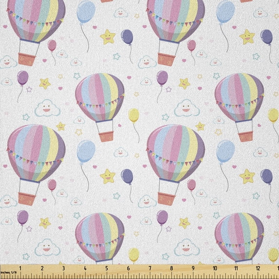 Ambesonne Hot Air Balloon Fabric by the Yard Microfiber, Happy Clouds Stars, 1 Yard, Soft Pink Taupe Grey