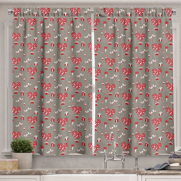 Ambesonne Hot Air Balloon Kitchen Curtains, Birds Gifts Stars, 55"x36", Warm Taupe Dark Coral