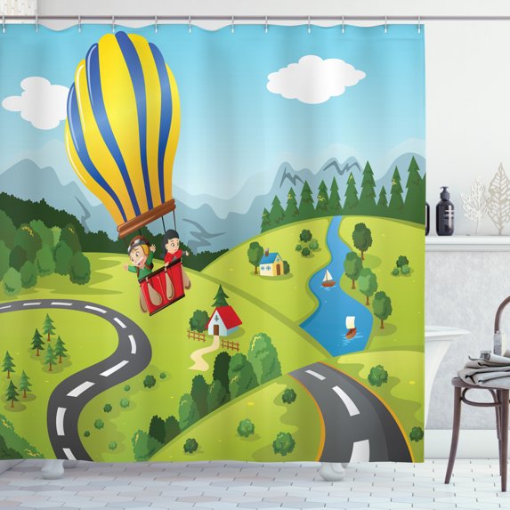 Ambesonne Hot Air Balloon Shower Curtain, Cartoon Style Sky, 69"Wx75"L, Multicolor