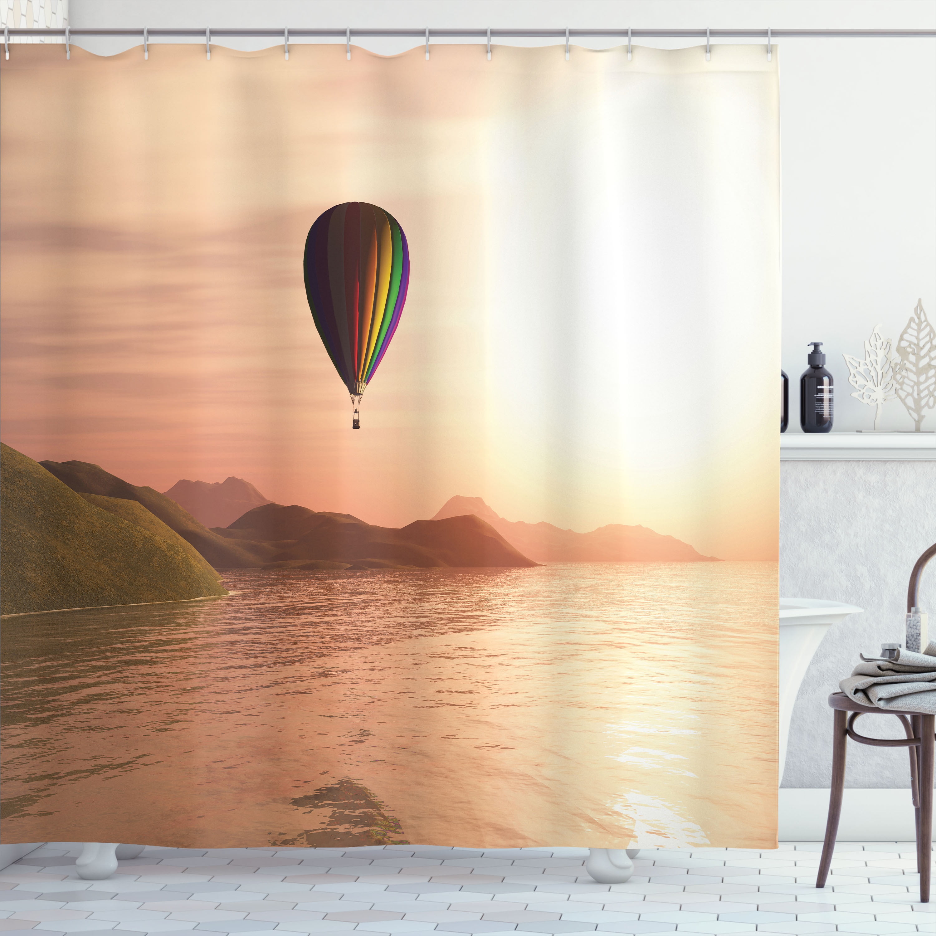 Ambesonne Hot Air Balloon Shower Curtain, Sunset Landscape, 69"Wx75"L