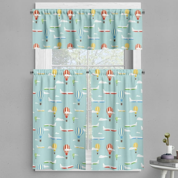 Ambesonne Hot Air Balloon Valance & Curtain, Planes Pattern Art, 55"x24", Earth Yellow Sea Blue