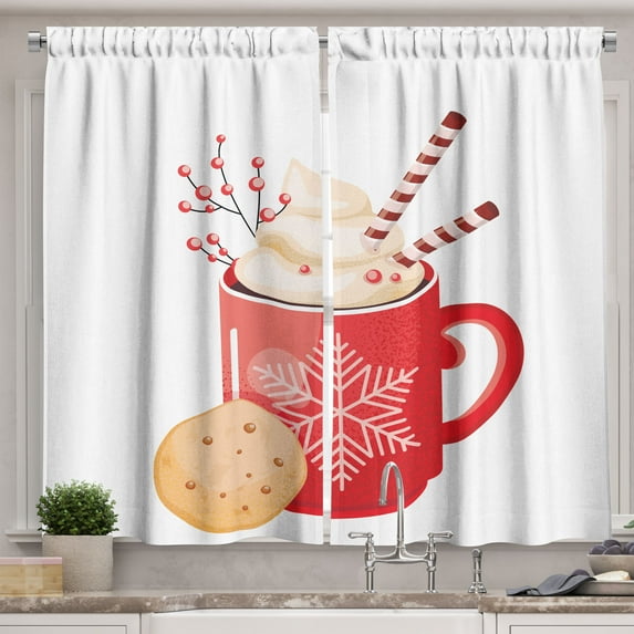 Ambesonne Hot Chocolate Kitchen Curtains, Xmas Food Art Mug, 55"x45", Dark Pink Peach White