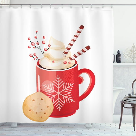 Ambesonne Hot Chocolate Shower Curtain, Xmas Food Art Mug, 69"Wx84"L, Dark Pink Peach White