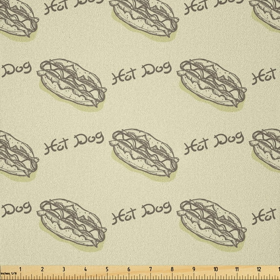 Ambesonne Hot Dog Fabric by the Yard Microfiber, Vintage Style Food Drawing, 10 Yards, Pale Khaki Dark Taupe