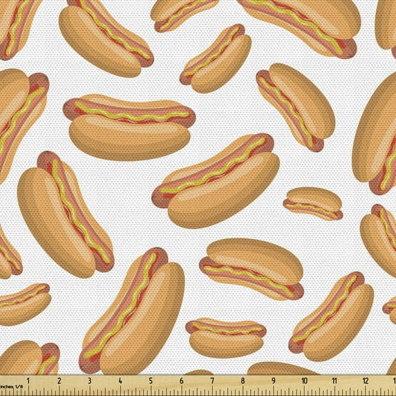 Ambesonne Hot Dog Fabric by the Yard Upholstery, Simplistic Sandwich Doodle, 1 Yard, Multicolor