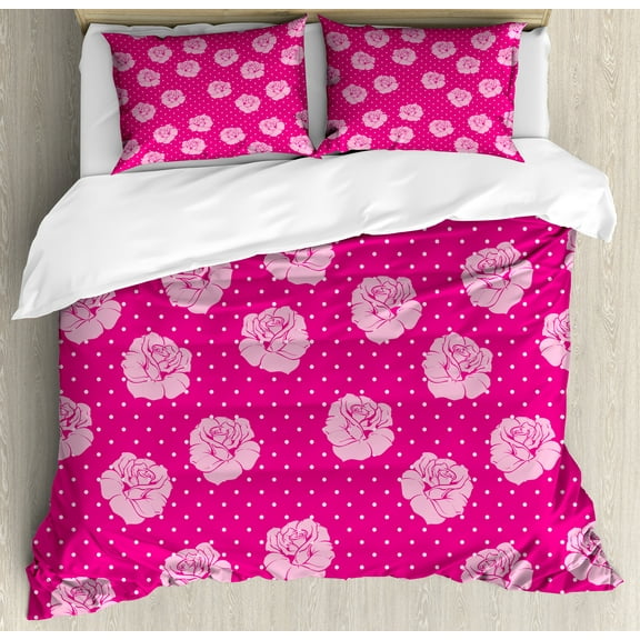 Ambesonne Hot Pink Duvet Cover Set, Vintage Roses Love Dot, Calking, Hot Pink Pale Pink White