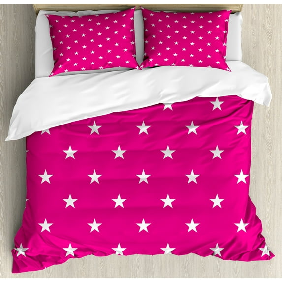 Ambesonne Hot Pink Duvet Cover Set, White Stars Girlish, 2-Calking, Hot Pink White