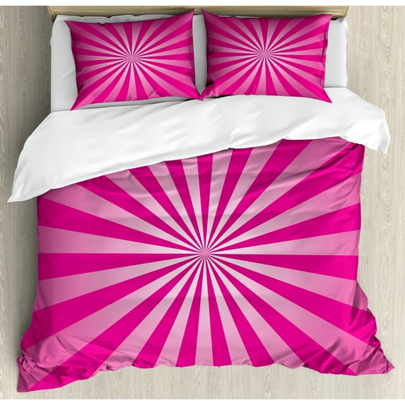 Ambesonne Hot Pink Duvet Cover Sets, Retro Fractal Stripes, 2-Queen, Hot Pink and White