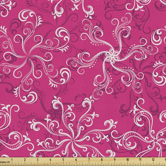 Ambesonne Hot Pink Fabric by the Yard Upholstery, Spring Flourish Bloom, 5 Yards, Hot Pink White Purple
