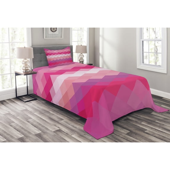 Ambesonne Hot Pink Quilted Bedspread Set 2 Pcs, Classic Simple Modern, Twin Size, Pink Peach Fuchsia