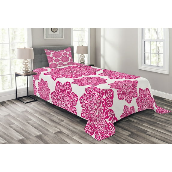 Ambesonne Hot Pink Quilted Bedspread Set 2 Pcs, Eastern Mandala Design, Twin Size, Hot Pink White