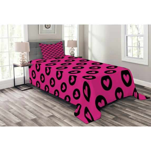 Ambesonne Hot Pink Quilted Bedspread Set 2 Pcs, Hearts Big Black Spots, Twin Size, Magenta Black