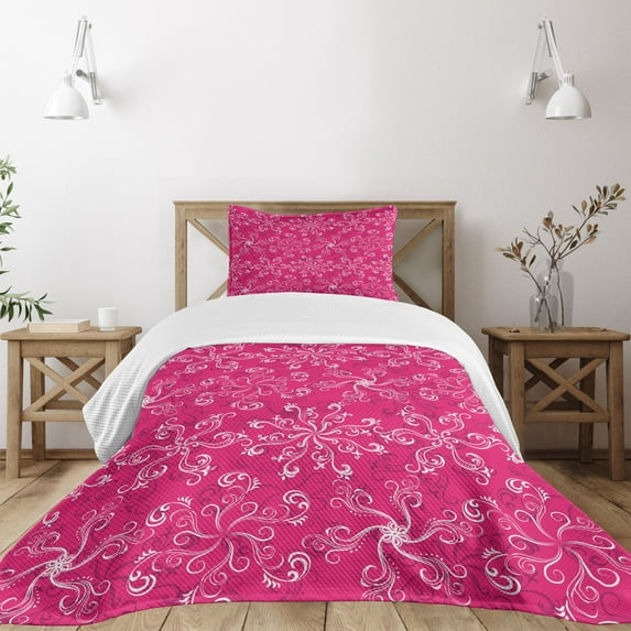 Ambesonne Hot Pink Quilted Bedspread Set 2 Pcs, Spring Flourish Bloom, Twin Size, Hot Pink White Purple