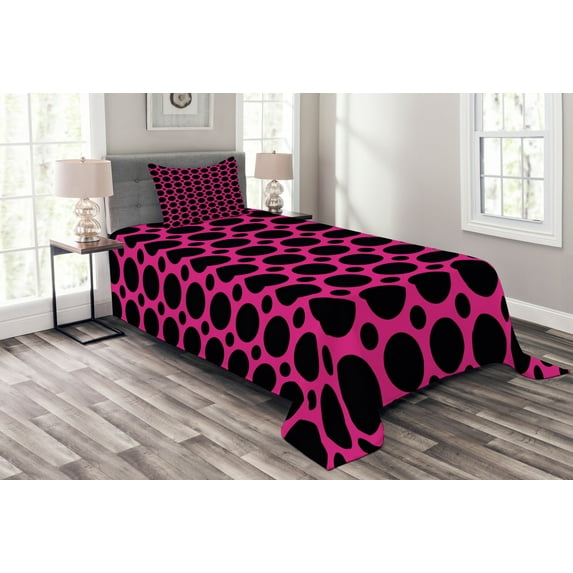 Ambesonne Hot Pink Quilted Bedspread Set 2 Pcs, Symmetric Spots Retro, Twin Size, Hot Pink Black