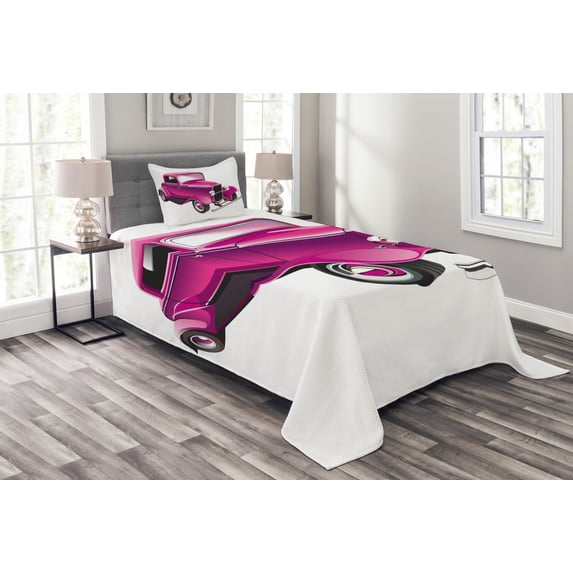 Ambesonne Hot Pink Quilted Bedspread Set 2 Pcs, Vintage Muscle Car, Twin Size, Magenta Fuchsia Black