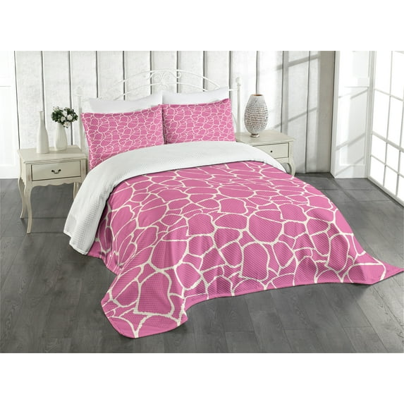 Ambesonne Hot Pink Quilted Bedspread Set 3 Pcs, Abstract Giraffe Skin, King Size, White Pink