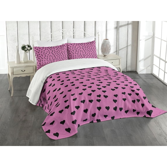 Ambesonne Hot Pink Quilted Bedspread Set 3 Pcs, Black Hearts Romantic, King Size, Fuchsia Black