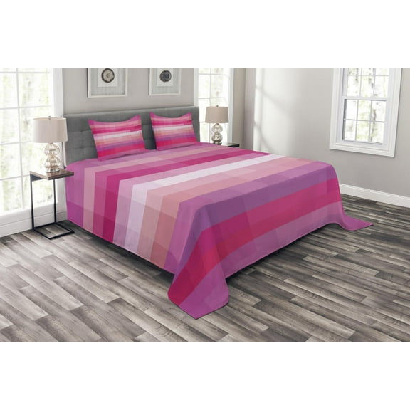 Ambesonne Hot Pink Quilted Bedspread Set 3 Pcs, Color Gradient Cubism Art, King Size, Dried Rose Pale Pink
