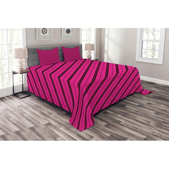 Ambesonne Hot Pink Quilted Bedspread Set 3 Pcs, Diagonal Lines Modern, Queen Size, Hot Pink Black