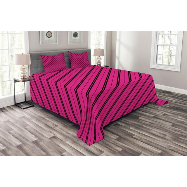 Ambesonne Hot Pink Quilted Bedspread Set 3 Pcs, Diagonal Lines Modern, Queen Size, Hot Pink Black