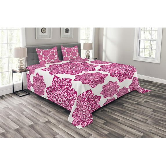 Ambesonne Hot Pink Quilted Bedspread Set 3 Pcs, Eastern Mandala Design, King Size, Hot Pink White