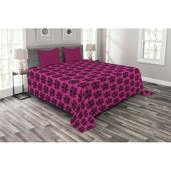 Ambesonne Hot Pink Quilted Bedspread Set 3 Pcs, Eastern Orient, King Size, Black Hot Pink