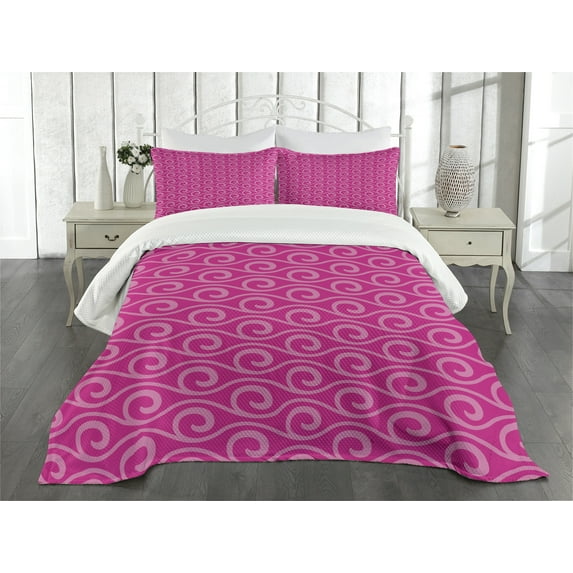 Ambesonne Hot Pink Quilted Bedspread Set 3 Pcs, Fantasy Waves Curves, King Size, Pink Pale Pink