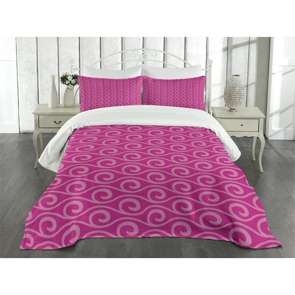 Ambesonne Hot Pink Quilted Bedspread Set 3 Pcs, Fantasy Waves Curves, Queen Size, Pink Pale Pink