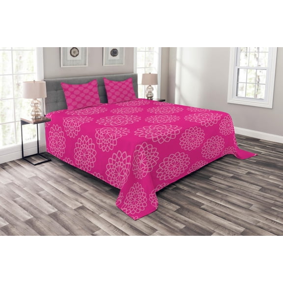 Ambesonne Hot Pink Quilted Bedspread Set 3 Pcs, Geometric Flower Motif, Queen Size, Pink Hot Pink