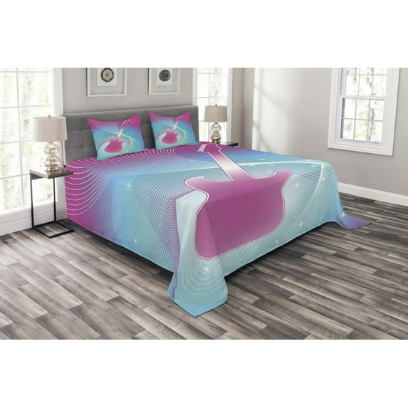 Ambesonne Hot Pink Quilted Bedspread Set 3 Pcs, Guitar Music Vibrant, Queen Size, Hot Pink Aqua