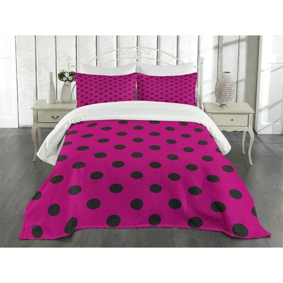 Ambesonne Hot Pink Quilted Bedspread Set 3 Pcs, Pop Art Inspired Dots, King Size, Hot Pink Black