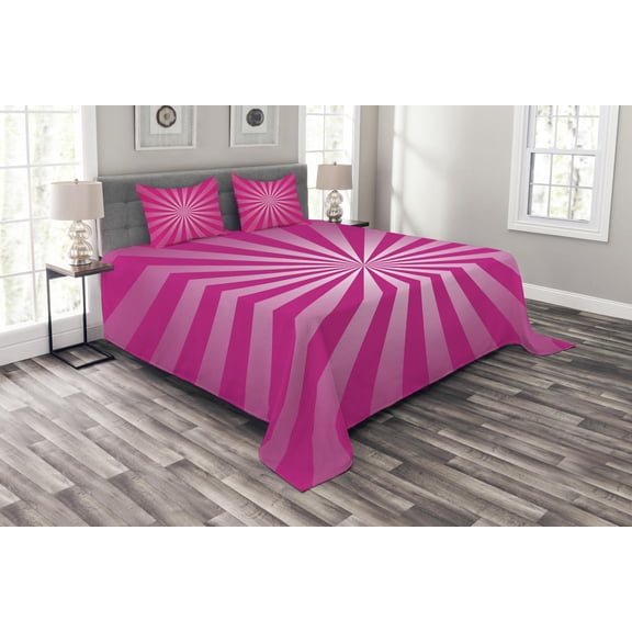 Ambesonne Hot Pink Quilted Bedspread Set 3 Pcs, Retro Fractal Stripes, Queen Size, Hot Pink and White