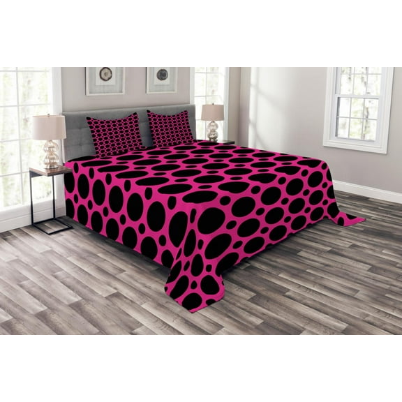 Ambesonne Hot Pink Quilted Bedspread Set 3 Pcs, Symmetric Spots Retro, Queen Size, Hot Pink Black