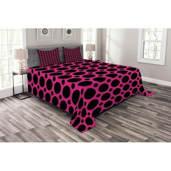 Ambesonne Hot Pink Quilted Bedspread Set 3 Pcs, Symmetric Spots Retro, Queen Size, Hot Pink Black