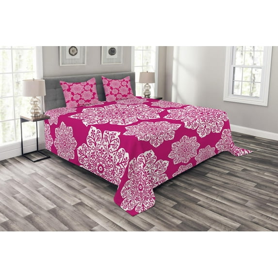 Ambesonne Hot Pink Quilted Bedspread Set 3 Pcs, White Floral Mandala, King Size, Hot Pink White
