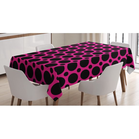 Ambesonne Hot Pink Tablecloth Rectangular Table Cover, Symmetric Spots Retro, 60"x84", Hot Pink Black