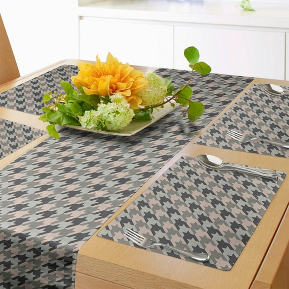 Ambesonne Houndstooth Table Runner & Placemats, Neutral Greyscale Motif, Placemat 4 pcs + Runner 14"x72", Dust and Purpleblue