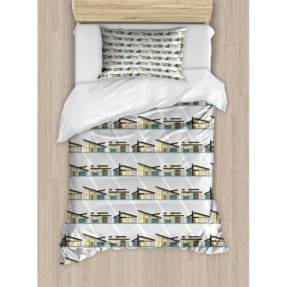 Ambesonne House Duvet Cover Set, Geometric Modern Architecture, Twin, Pale Taupe Cream Seafoam
