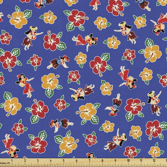 Ambesonne Hula Girl Fabric by the Yard Upholstery, Hibiscus Flowers Dancer, 10 Yards, Royal Blue Multicolor