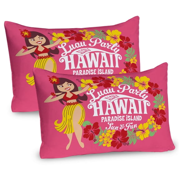 Ambesonne Hula Girl Pillow Sham 2 Pack, Luau Party Aloha Paradise, 30"x20", Hot Pink Mustard