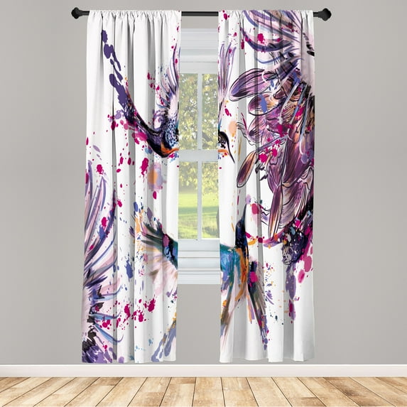 Ambesonne Hummingbird Curtains, Art Lily Flowers Birds, Pair of 28"x63", Pale Lilac