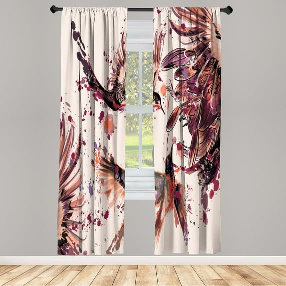 Ambesonne Hummingbird Curtains, Art Lily Flowers Birds, Pair of 28"x63", Peach Mauve
