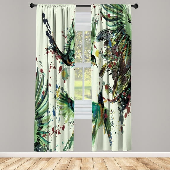 Ambesonne Hummingbird Curtains, Art Lily Flowers Birds, Pair of 28"x63", Pistachio Green