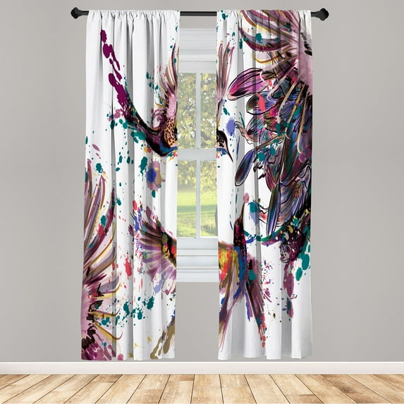 Ambesonne Hummingbird Curtains, Art Lily Flowers Birds, Pair of 28"x63", Quartz Lilac