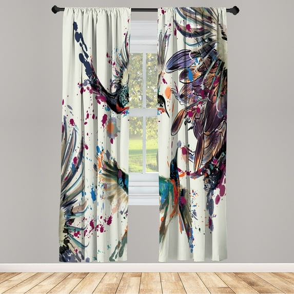 Ambesonne Hummingbird Curtains, Art Lily Flowers Birds, Pair of 28"x84", Pale Eggplant