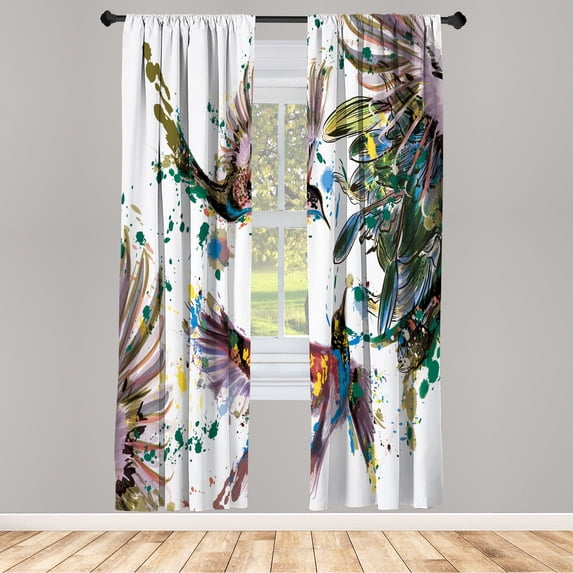 Ambesonne Hummingbird Curtains, Art Lily Flowers Birds, Pair of 28"x84", Purple Grey