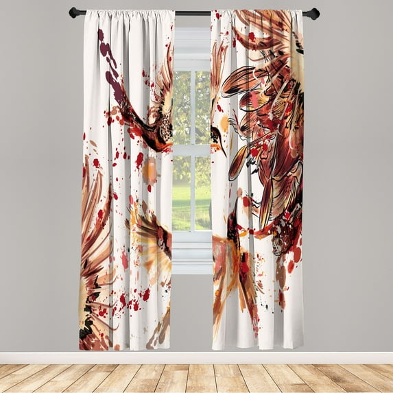 Ambesonne Hummingbird Curtains, Art Lily Flowers Birds, Pair of 28"x95", Pearl Salmon Dark Mauve