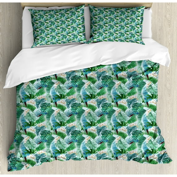 Ambesonne Hummingbird Duvet Cover Sets, Botanical Leaves Birds, 2-Queen, Green Multicolor